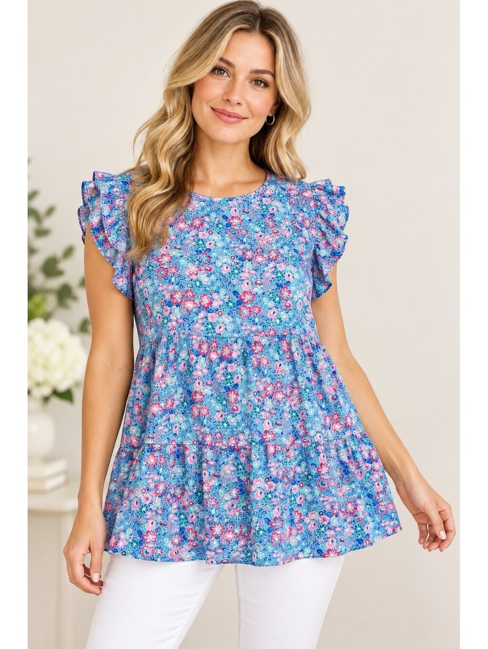 Emily Wonder Floral Tiered Babydoll Tunic Top Medium Blue Pink NWT